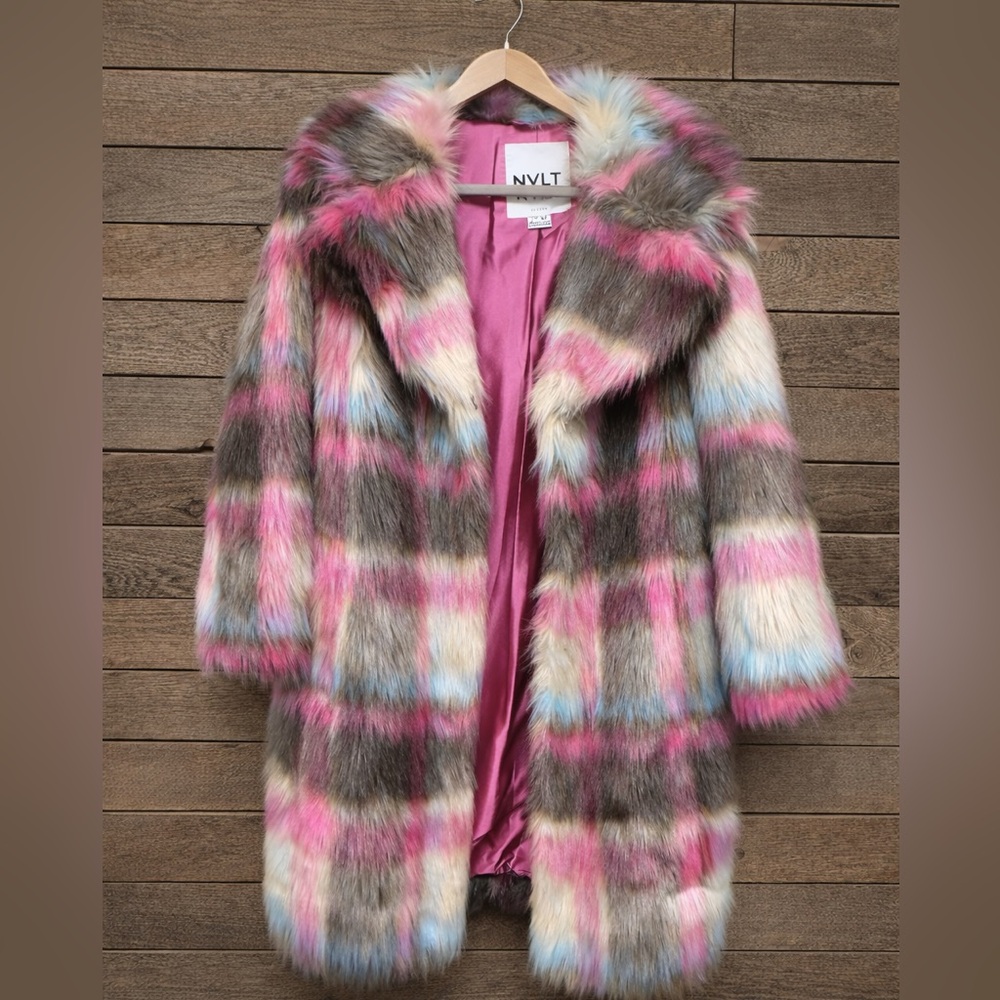 NVLT from Anthropologie Faux Fur Plaid Coat – Multicolor Pastel | Size M - Picture 3 of 7